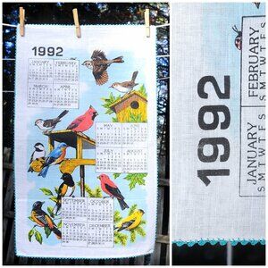 Vintage 1992 Calendar Towel Garden Songbirds, Feeder & Birdhouse Crochet Edging